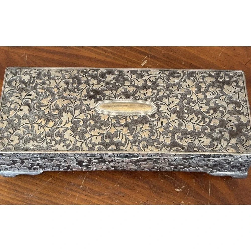 Vintage Jewelry Casket Silver Tone Floral Etched‎ Box w/ Red Velvet Lining Heavy